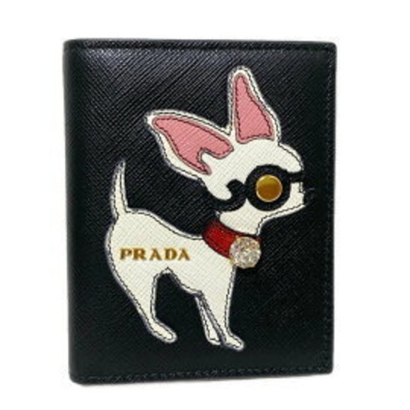 Prada Bifold Wallet Dog Beads Black White Multicolor Leather - Picture 1 of 6